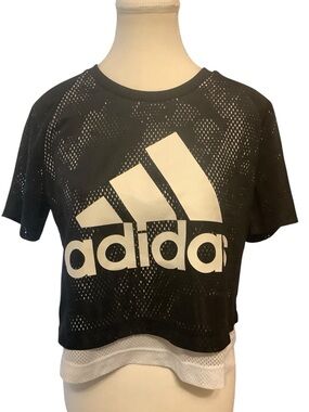 Adidas Cropped Mesh Logo Athletic Top Black White Size Medium